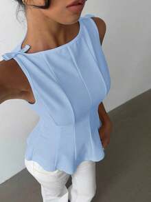 Blusa sin mangas elegante para ir al trabajo, diseño minimalista - Azul - Ver 4