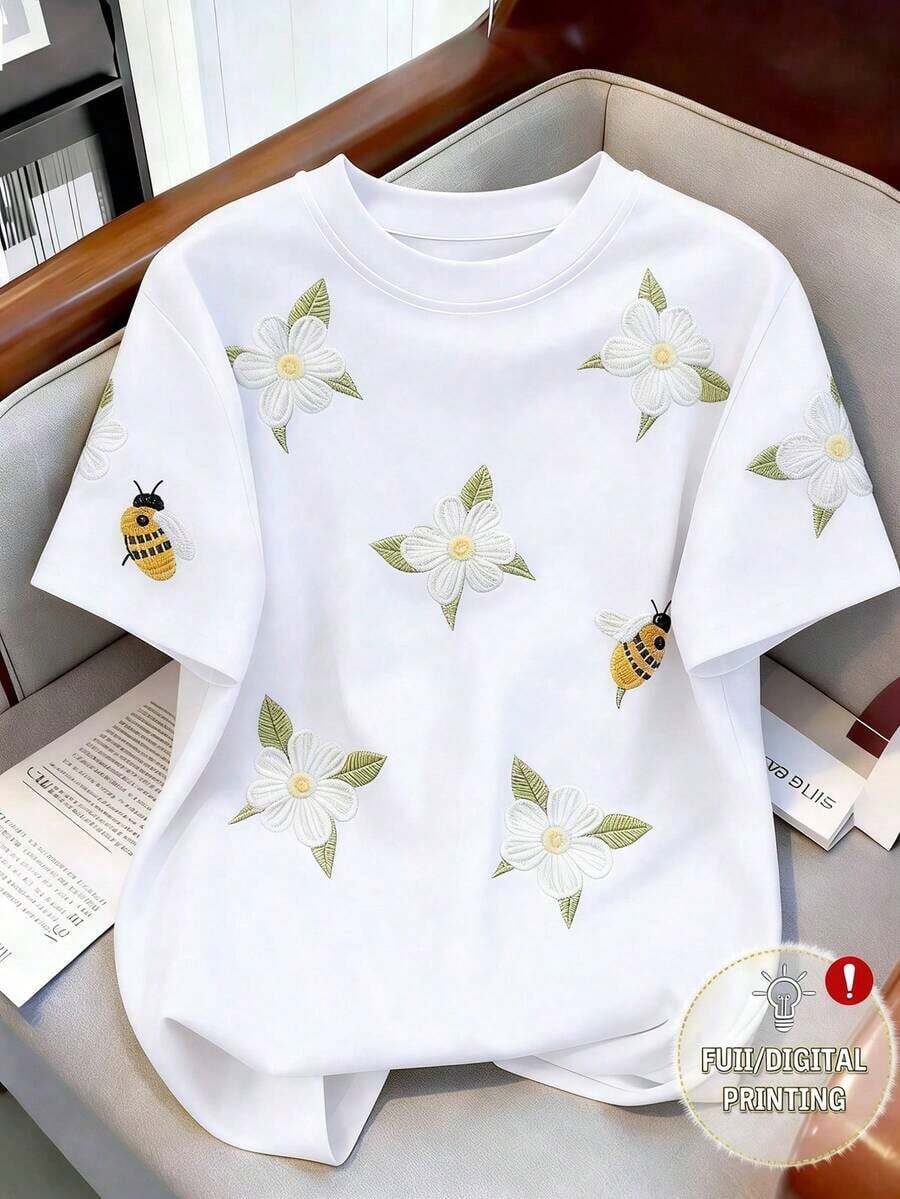 Camiseta casual con estampado de flores y abejas, verano - Multicolor 9 - Ver 1