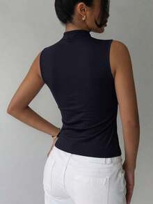 de estilo chino retro con cuello de cheongsam para mujer, top negro casual, top de pullover adecuado para vacaciones, fiestas, elegante para mujer, uso diario casual.Top negro sin mangas de cuello alto, top negro de verano - Azul marino - Ver 2