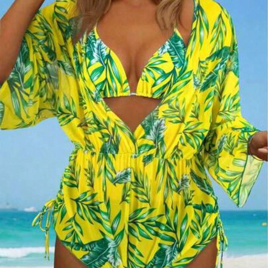 Swim Lushore Swimsuits For Woman Summer Beach 3packs Random Tropical Print Halter Drawstring Side Bikini - Amarillo - Ver 1