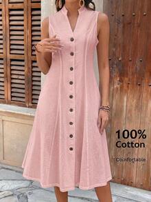 Faunlyn Vestido de mujer de manga corta con cuello redondo y estampado geométrico para el verano - Rosa Pálido - Ver 3