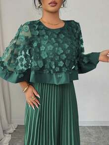 Vestido con decoración floral elegante y bajo plisado, adecuado para bodas, fiestas de cumpleaños y otras ocasiones, otoño - Verde Oscuro - Ver 6