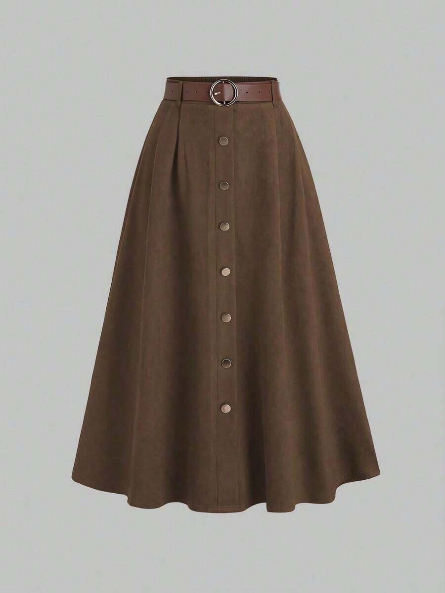 Sweetro Falda de ante marrón café con diseño de solapa única para mujer, otoño/invierno - Caqui 2 - Ver 1
