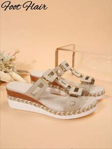 Foot Flair Women's Plus Size Fashion Retro Open Toe Rope Sole Sandals, Geometric Pattern Bohemian Vintage Chic Rivet Decor Thick Sole Sandals, Suitable For Weddings, Parties, Vacations, Summer And Other Occasions, Women's Wedge Thick Sole Sandals - Beige - View 8