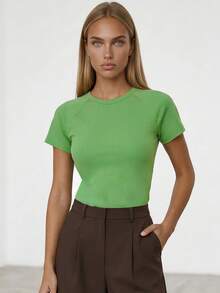 Casual Solid Color Round Neck T-Shirt, Versatile For Summer - Green - View 3