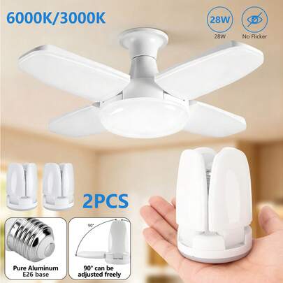 Bộ 2 bóng đèn LED quạt trần gập gọn Kasotile 28W (tương đương 80W) - AC85-265V, sử dụng đế nhôm E26/E27. Chống gỉ, không nhấp nháy, chiếu sáng đa hướng 360° với cánh quạt điều chỉnh 90° và tản nhiệt hiệu quả. Độ sáng cực cao, thích hợp cho nhà để xe, tầng hầm, xưởng và chiếu sáng nhà ở.