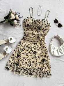 Vestido mini de línea A con tirantes de espagueti rosa y romántico Ditsy Floral para mujer, adecuado para fiesta, cita, San Valentín, Pascua, carnaval, crucero por la playa, Afternoon vestido de moda para té, primavera/verano - Amarillo claro - Ver 3