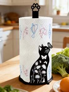 Cute Black Cat & Butterfly Tissue Paper Holder, Kitchen Countertop Roll Paper Organizer, Cat Lover Decor, Vintage Farmhouse Bathroom Standing Paper Rack, Creative Animal Silhouette Design, High-Quality Home Storage Rack - Black - View 2