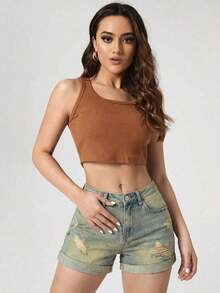 Pantalones Cortos De Mezclilla Con Borde Deshilachado - Azul - Ver 5