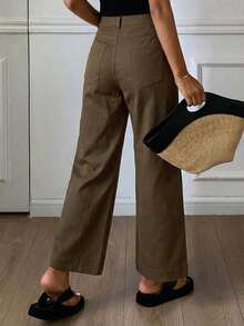 Pantalones holgados con vuelo y bolsillos para mujer, pantalones casuales de unicolor estilo callejero para otoño - Marrón - Ver 2