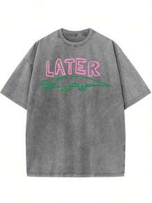 230g Washed T-Shirt, Comfortable Oversized T-Shirt, Later Gator T-Shirt, Sarcastic T-Shirt | Unisex Summer Casual Crew Neck Short Sleeve T-Shirt, Breathable, Ideal Gift For Friends And Family, Plus Size - Breathable And Comfortable, Ideal For Sports And Leisure, Crew Neck, Unisex T-Shirt - Soft To The Touch And High Quality - 灰色 - 查看 1