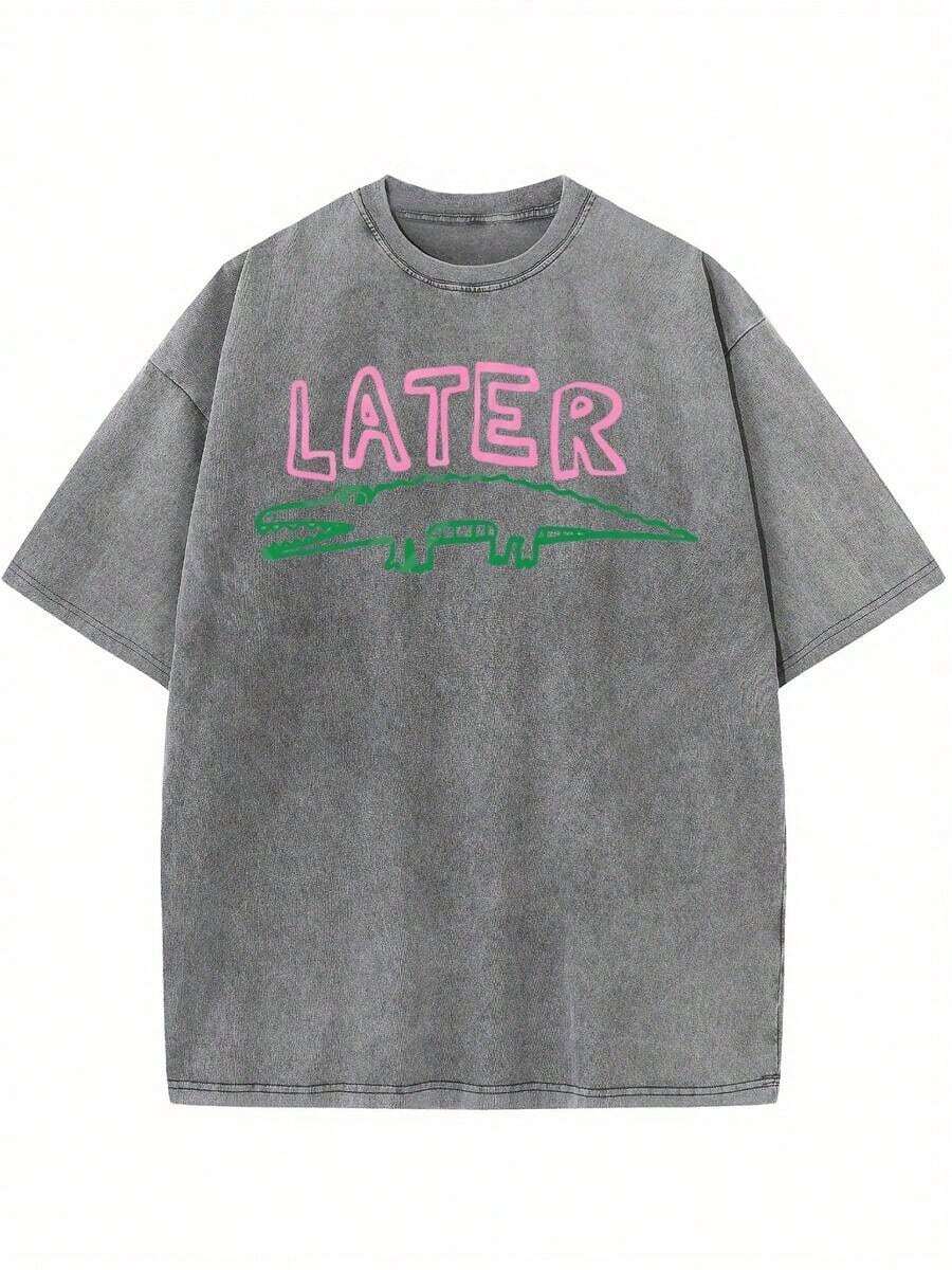 230g Washed T-Shirt, Comfortable Oversized T-Shirt, Later Gator T-Shirt, Sarcastic T-Shirt | Unisex Summer Casual Crew Neck Short Sleeve T-Shirt, Breathable, Ideal Gift For Friends And Family, Plus Size - Breathable And Comfortable, Ideal For Sports And Leisure, Crew Neck, Unisex T-Shirt - Soft To The Touch And High Quality - 灰色 - 查看 1