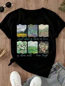Women's Short-Sleeved T-Shirt With Graphic Print Of Van Gogh Art, Landscape, Flowers And Quotes, Casual Summer Style For Everyday Wear - Urban Vintage Style, Unisex, Loose Fit, Cotton, Round Neck And Short Sleeves. - 黑色 - 查看 2