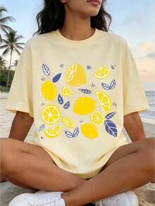 Women's Loose-Fitting Summer T-Shirt With Letter And Lemon Fruit Print, Off-The-Shoulder, Short Sleeve, Round Neck, Urban Vintage Style, Unisex, Cotton, Short Sleeve, Round Neck, Blouses For Women, Women's T-Shirts, Casual Blouses For Ladies. - 杏色 - 查看 4