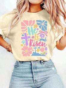 Summer T-Shirts 2026, Easter Cartoon Letter Graphic Print T-Shirt, Casual Short Sleeve Round Neck T-Shirt For Summer And Spring, Women's T-Shirt, Loose And Comfortable, Summer Clothes For Women, Women's T-Shirts, Casual T-Shirts For Ladies. - 杏色 - 查看 7
