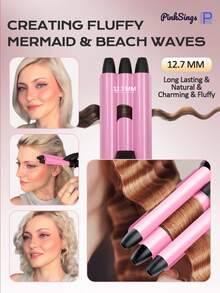 PinkSings Catokan Rambut Mini 13mm/25mm, Tongkat Pengeriting Gelombang 3-Barrel Kecil, Desain Tegangan Ganda, Cocok Untuk Penggunaan di Rumah dan Perjalanan, Tiga Mikro-Barrel Keramik Menciptakan Gelombang Pantai Alami yang Rapi - Hot Pink - View 8