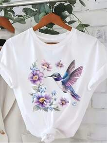 Plus Size - Plus Size --Women's Hummingbird And Orchid Print T-Shirt, Casual Sailor Collar, Lightweight Summer T-Shirt, Floral Design, Spring Fashion Top, Summer Top, Hummingbird Print, Local Community Shop, Suitable For Spring, Loose And Comfortable. - Black - View 1