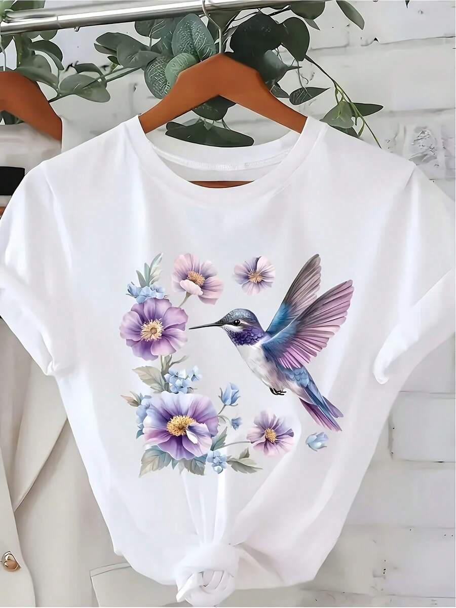Plus Size - Plus Size --Women's Hummingbird And Orchid Print T-Shirt, Casual Sailor Collar, Lightweight Summer T-Shirt, Floral Design, Spring Fashion Top, Summer Top, Hummingbird Print, Local Community Shop, Suitable For Spring, Loose And Comfortable. - Black - View 1