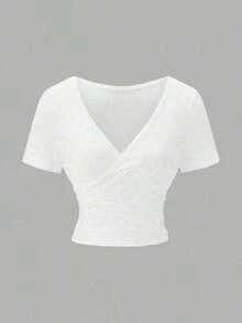 Camiseta de mujer de verano de unicolor, con escote en V superpuesto, manga corta, ajustada, versátil para vacaciones y tiempo libre - Beis - Ver 4
