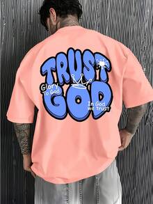 Men's Christian Faith T-Shirt - "Trust In The Lord, Glory In Him" Print On The Back With A Crown And Bible Verse (Psalm 23:1) - Loose-Fitting Casual S - 粉色 - 查看 1