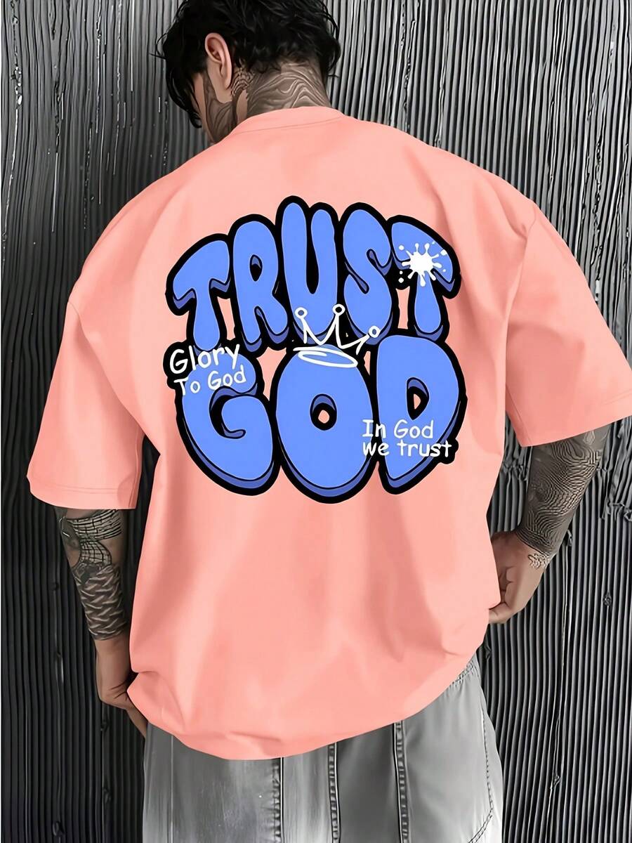 Men's Christian Faith T-Shirt - "Trust In The Lord, Glory In Him" Print On The Back With A Crown And Bible Verse (Psalm 23:1) - Loose-Fitting Casual S - 粉色 - 查看 1