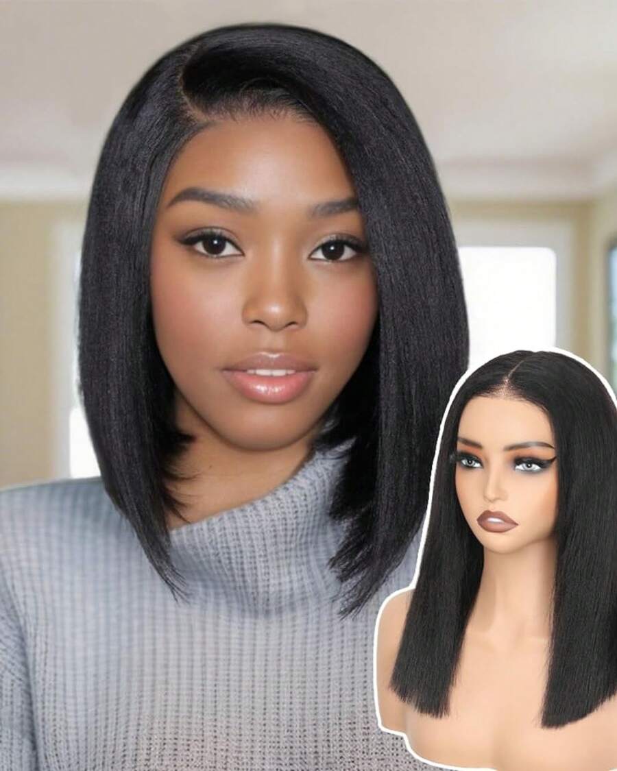 Bob Wig Human Hair Glueless Wigs Human Hair Pre Plucked Pre Cut Yaki Straight Human Hair Wig 180% Density 9x6 HD Lace Front Wigs For Black Women 14Inch - Natural Color 9x6 Glueless Yaki Straight Bob Wig - View 1