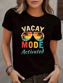 This Simple And Versatile Women's Casual T-Shirt, Featuring A Black Palm Tree And Sunset Print, Is An Ideal Choice For Vacations. This Short-Sleeved Summer Beach Tee Has A Round Neck, Is Comfortable And Stretchy, And Is Decorated With A Palm Tree Print. Suitable For Travel And Everyday Casual Wear, It's Machine Washable And Evokes A Vacation Vibe. It's A Perfect Choice For The World Cup Period, As Well As For Holiday Celebrations And Anniversaries. - 黑色 - 查看 7