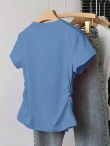 Blusa casual de mujer con estampado de leopardo, cintura fruncida, adecuada para exteriores, citas, vuelta al colegio, versátil, color vino tinto con diseño de corazón - Azul marino 3 - Ver 2