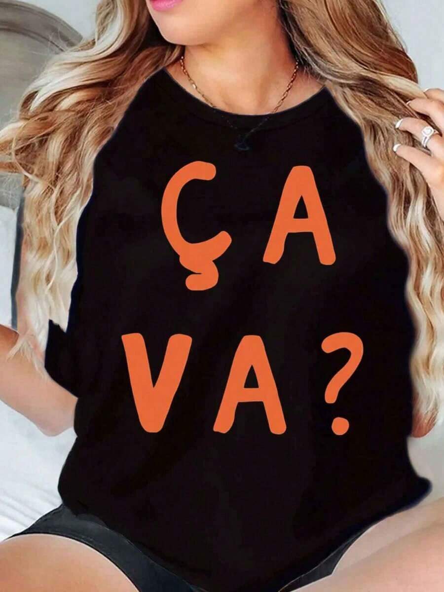 Camiseta de manga corta para mujer, camiseta de cuello redondo con estampado ÇA VA, top casual de corte holgado para uso diario. - Negro - Ver 1