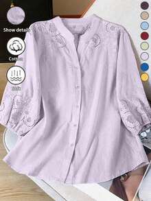 Blusa ligera y semitransparente con cuello en V y bordado sin estructura, para primavera/verano y vacaciones - Púrpura malva - Ver 4