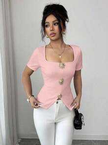 Blusa elegante y urbana de cuello cuadrado con decoración metálica de manga corta ajustada para mujer, adecuada para uso diario, bodas, galas, viajes, fiestas de graduación, vacaciones, citas, fiestas, Halloween, Navidad, Año Nuevo, Acción de Gracias, bodas - Rosa - Ver 7