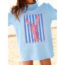 Graphic Women T‑Shirts,Women'S Pink Lobster And Blue Striped T-Shirt | White Casual Summer Beach Wear, Vertical Stripes And Wave Print, Pink Lobster D - 天藍色 - 查看 9