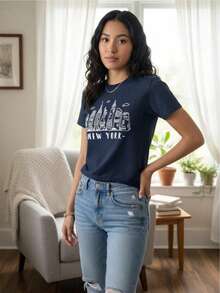 Women's T-Shirts With New York And Paris Print, Classic Short Sleeve Cut, Soft And Lightweight Fabric, Casual Urban Style, Comfortable And Versatile For Daily Looks And Modern Outfits. - 藍色 - 查看 4