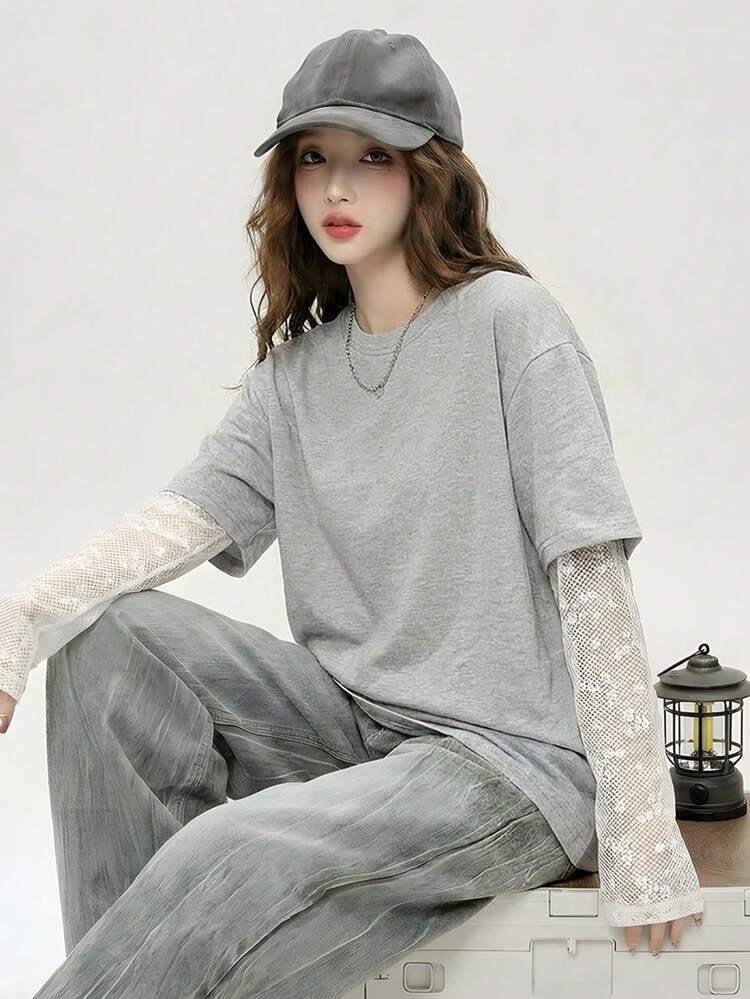 JUTU 春/秋 花卉灰色美式時尚寬鬆圓領蕾絲拼接袖 2合1 素色聚酯纖維面料浪漫性感女士夏季 - 3A12中花灰 - 查看 6