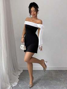 1 pieza Vestido largo elegante de hombros descubiertos para mujer, negro - Negro 2 - Ver 4
