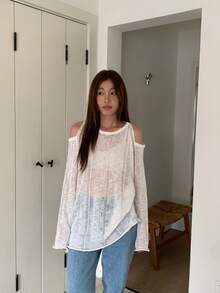 女士露肩镂空长袖宽松轻薄罩衫（不含腰带）白色 - 白色 - 查看 2