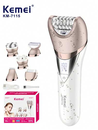Kemei 科美六合一多功能电动脱毛器 | IPX6级防水，集洁面、修剪睫毛、按摩和去角质功能于一体 | 无线便携旅行套装，夏季旅行必备脱毛神器