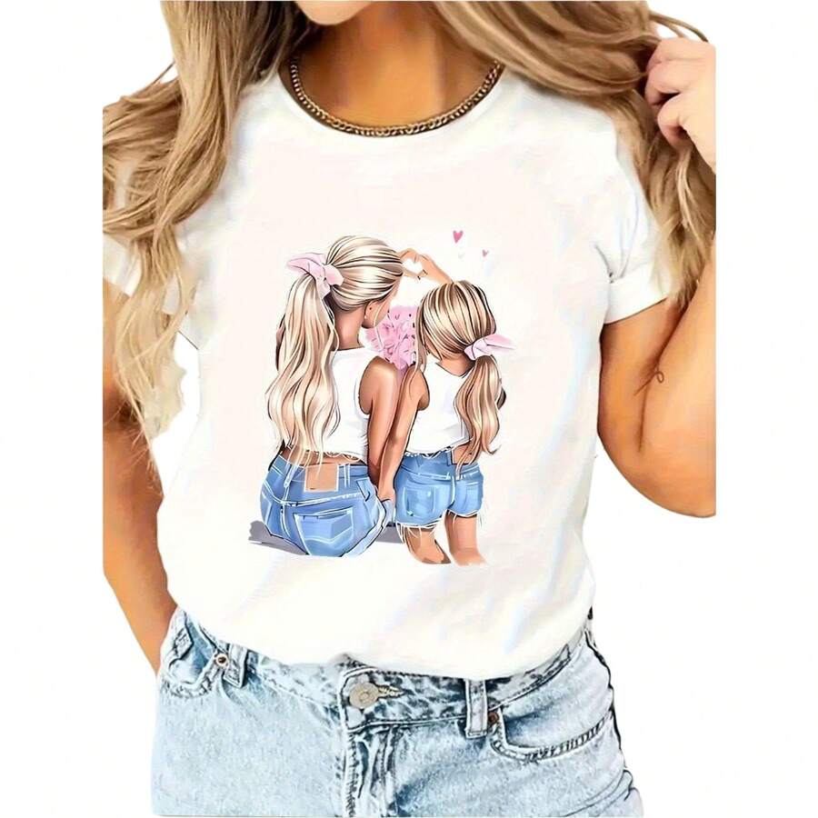 Camiseta de punto de manga corta para mujer, estilo casual de corte regular con un bonito estampado de madre e hija, ideal para conjuntos de verano. - Blanco - Ver 1