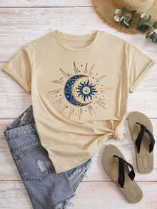 Camiseta de manga corta con cuello redondo y estampa de sol y luna para mujeres - Caqui 2 - Ver 10