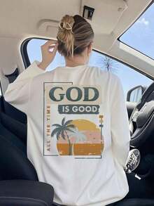 Camiseta de manga larga para mujer, primavera/otoño 2025, nueva, casual, con estampado de palmeras y eslogan, corte holgado y hombros caídos, un esencial de moda para cada temporada, color blanco. - Blanco - Ver 5