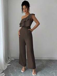 Mono de mujer con diseño casual apropiado para vacaciones de primavera/verano, adecuado para la oficina, el transporte, la playa y la hora del té de la tarde, con tirantes de espagueti, cintura con doble volante y silueta recta y suelta - Marrón - Ver 8