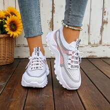 FZY Women's Breathable Mesh Chunky Sneakers, Lightweight Lace-Up Casual Shoes, Non-Slip Thick Sole Running Shoes,Tenis De Mujer With Arch Suppor Halloween - Peach - View 4