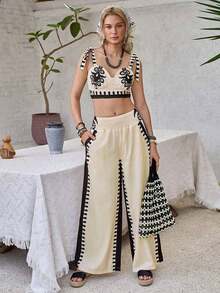 Top de tirantes con nudo y pantalones de pierna recta con estampado azul y blanco bohemio, conjunto de 2 piezas para vacaciones - Albaricoque - Ver 3