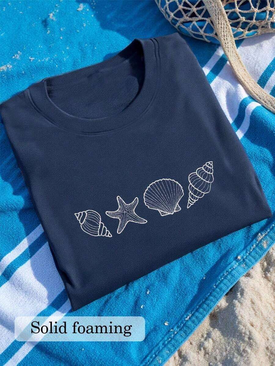Envío gratis, entrega local enéxico, entrega en 4 días.Sudadera cálida con bordado de conchas, suéter de cuello redondo con estampado de océano, sudadera con bordado de islas, suéter de cuello redondo, suéter de verano, surf. - Azul marino - Ver 1