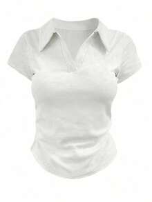 Camiseta casual de mujer con cuello polo, manga corta y estampado de corazones en color contrastante - Multicolor 2 - Ver 5