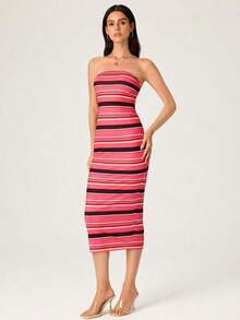 Vestido casual de cena ajustado al cuerpo sin tirantes para mujer - Multicolor - Ver 9