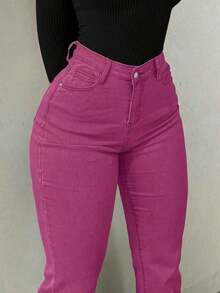 Pantalones vaqueros acampanados de talle alto con estilo Y2K, pantalones casuales elegantes de unicolor y elásticos para mujeres, moda callejera de mezclilla marrón para primavera - Rosa Fucsia - Ver 3
