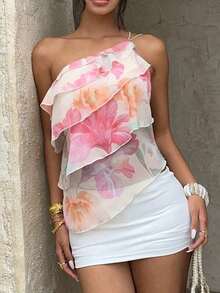 Nueva blusa elegante y romántica de primavera/verano para citas, Día de San Valentín, temporada de bodas, de gasa rosa con un hombro, espalda descubierta, volantes en capas, blusa sexy con volantes para la playa, atuendo de boda, camisa rosa elegan - Multicolor - Ver 3