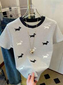 Camiseta de mujer con paneles de imitación de denim a rayas / Estampado de Dachshund / Uso diario casual / Verano - Multicolor 4 - Ver 4
