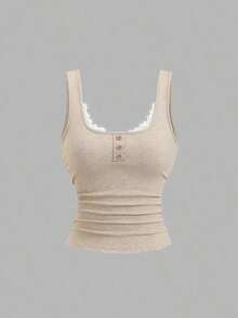 Camiseta de tirantes casual de mujer con parches de encaje - Caqui - Ver 3